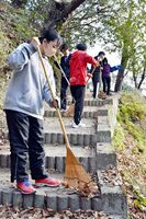 落ち葉をほうきで掃く小城高の陸上部員＝小城市の須賀神社周辺
