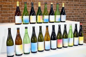 ２０蔵元が造る日本酒の味などを色で表現した限定ボトル＝佐賀市八戸の旧枝梅酒造
