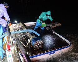 角船いっぱいに回収された今季初めて摘み取った冷凍網のノリ＝２１日午後１０時２０分すぎ、佐賀市川副町沖の有明海、