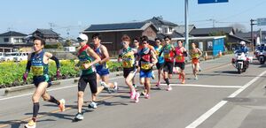 後半スタートを切り、集団で力走する選手たち＝午後1時、佐賀市東与賀町