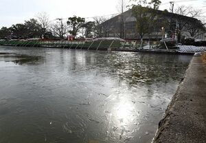 表面が広範囲にわたって凍った佐賀城本丸歴史館南側の堀＝10日朝、佐賀市城内