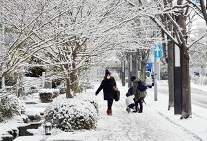 雪が降り積もり、足元に気をつけながら歩く人たち＝８日午前８時１６分、佐賀市天神